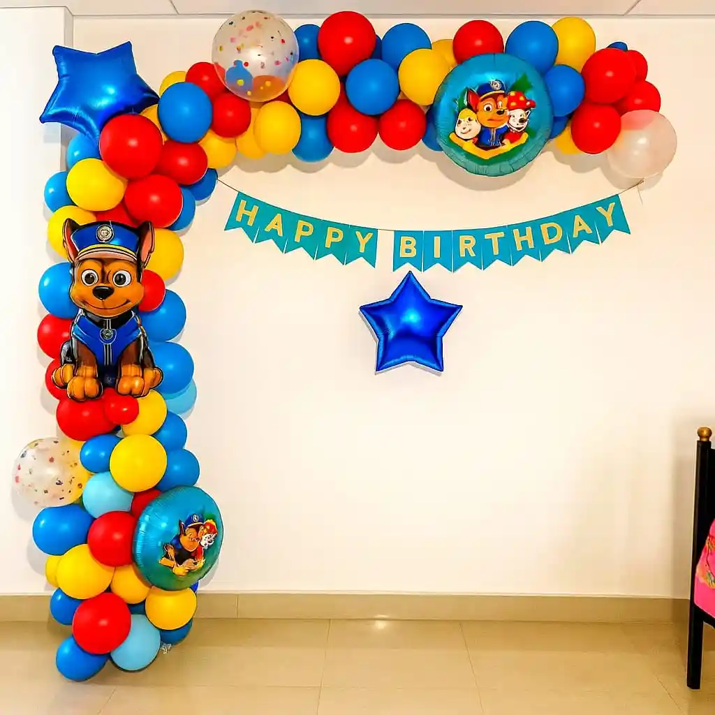 Paw Patrol theme with Red Blue and Yellow decor
